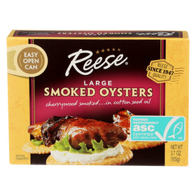 Reese large smoked oysters pack-10 front view, convenient bulk seafood for pantry meals
