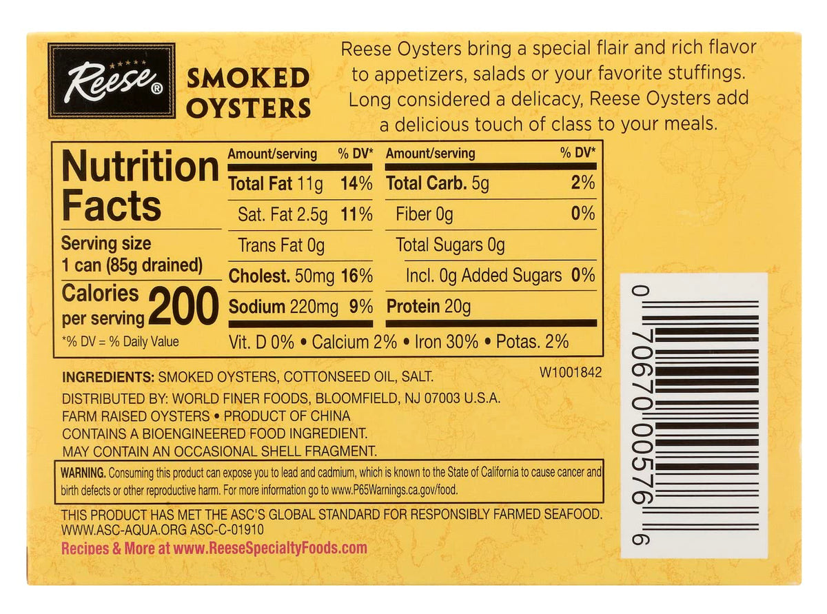 Reese large smoked oysters serving, ideal snack or topping with rich ocean flavor