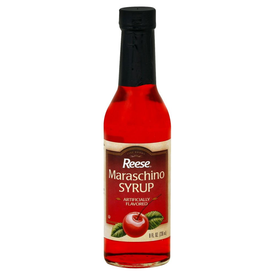 Reese maraschino syrup bottle—8 oz, pack of six, great for ice cream and cocktails.