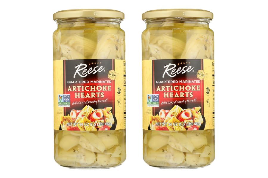 Reese marinated artichoke jar closeup showing premium ingredients and tangy marinade