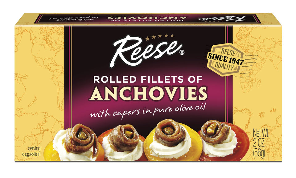 Reese rolled anchovies flat in olive oil with capers, ideal for pizza or Caesar dressing.