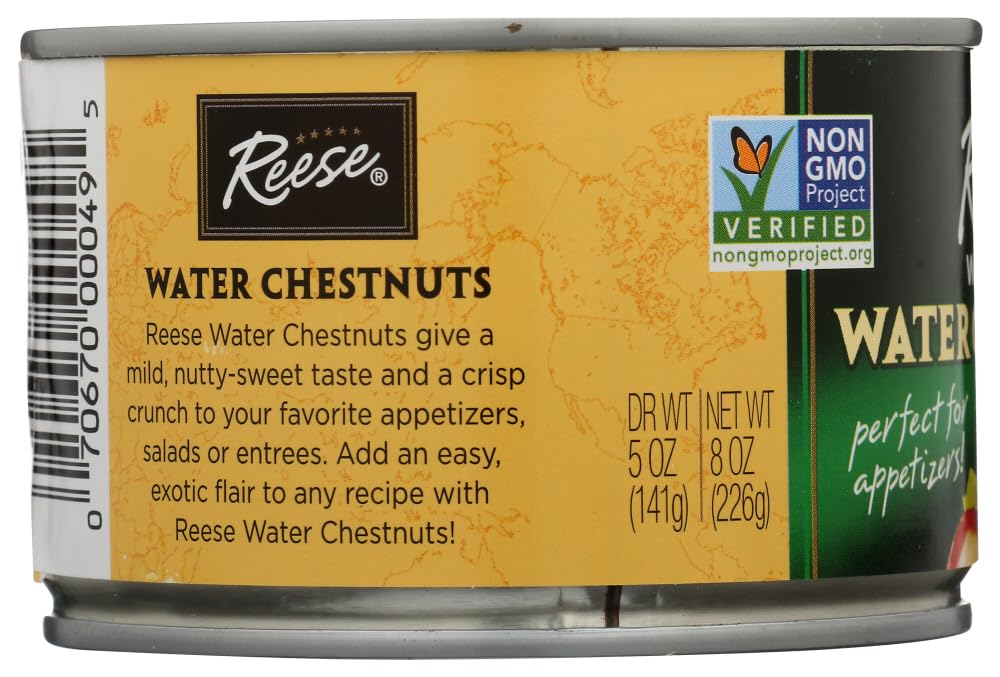Reese water chestnuts; mild sweet flavor perfect for dressings.