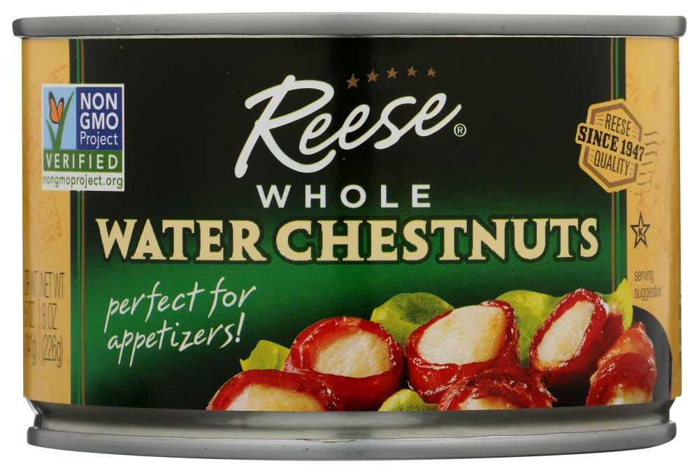 Reese whole water chestnuts pack—crisp bite for stir-fries and salads.