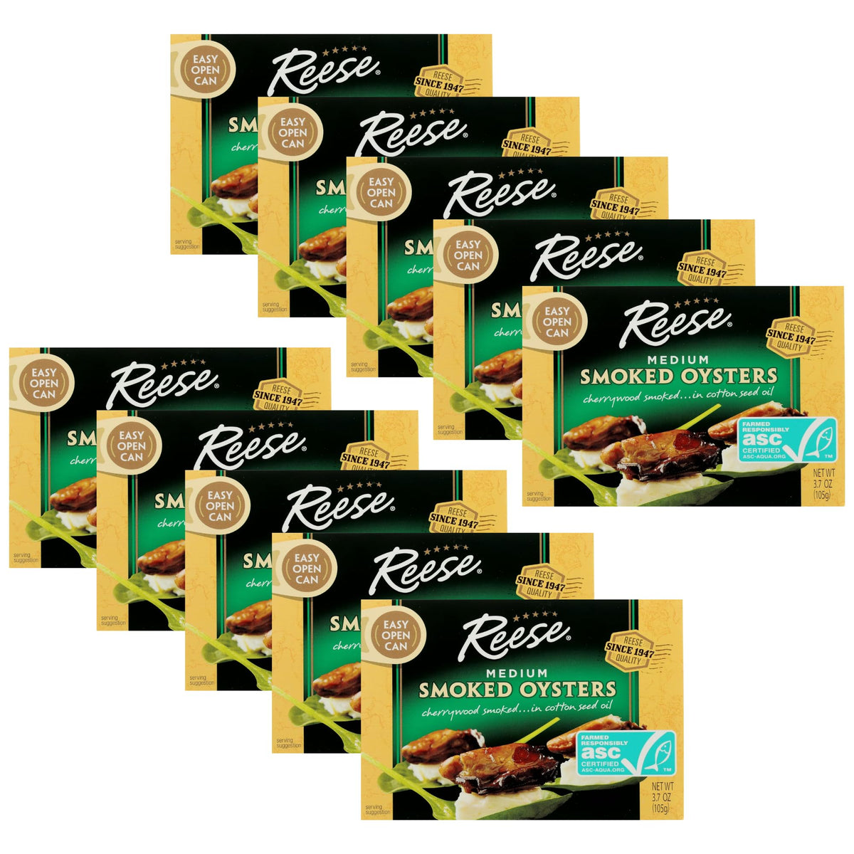 Reese smoked oysters front view in can, ready for pantry meals