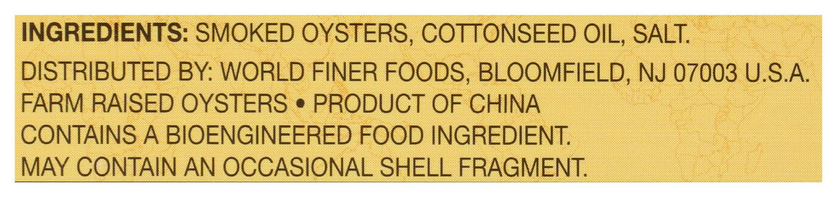 Reese smoked oysters product of China label for global seafood option