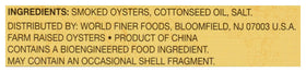 Reese smoked oysters product of China label for global seafood option