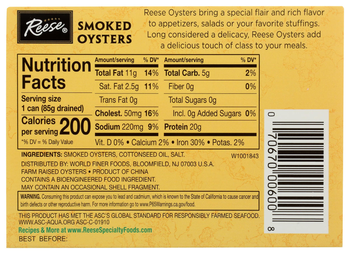 Reese smoked oysters served on crackers, savory bite for snacks