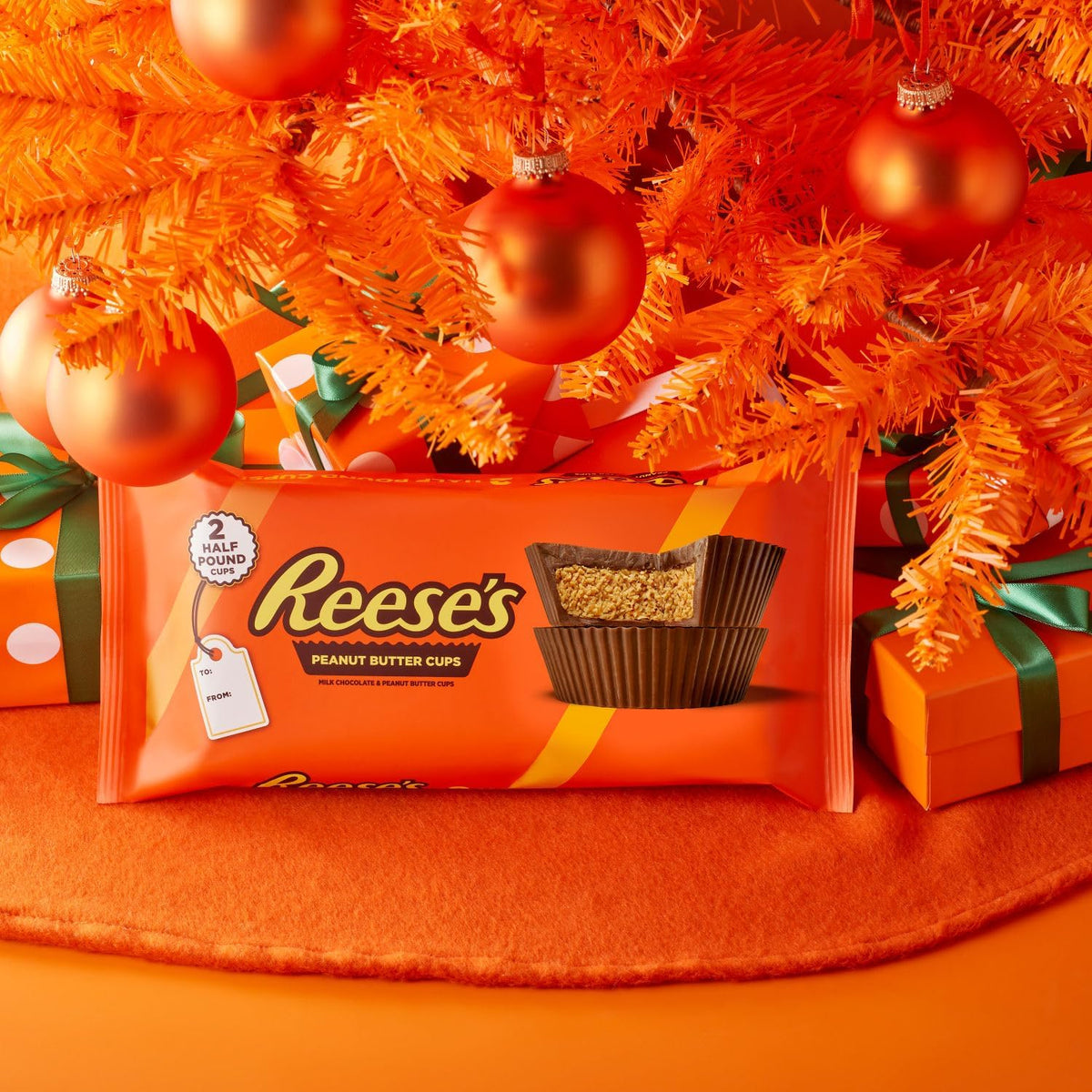 Close-up of creamy peanut butter center inside a Reese's cup.