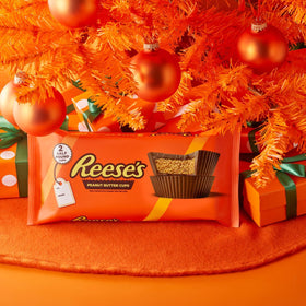 Close-up of creamy peanut butter center inside a Reese's cup.