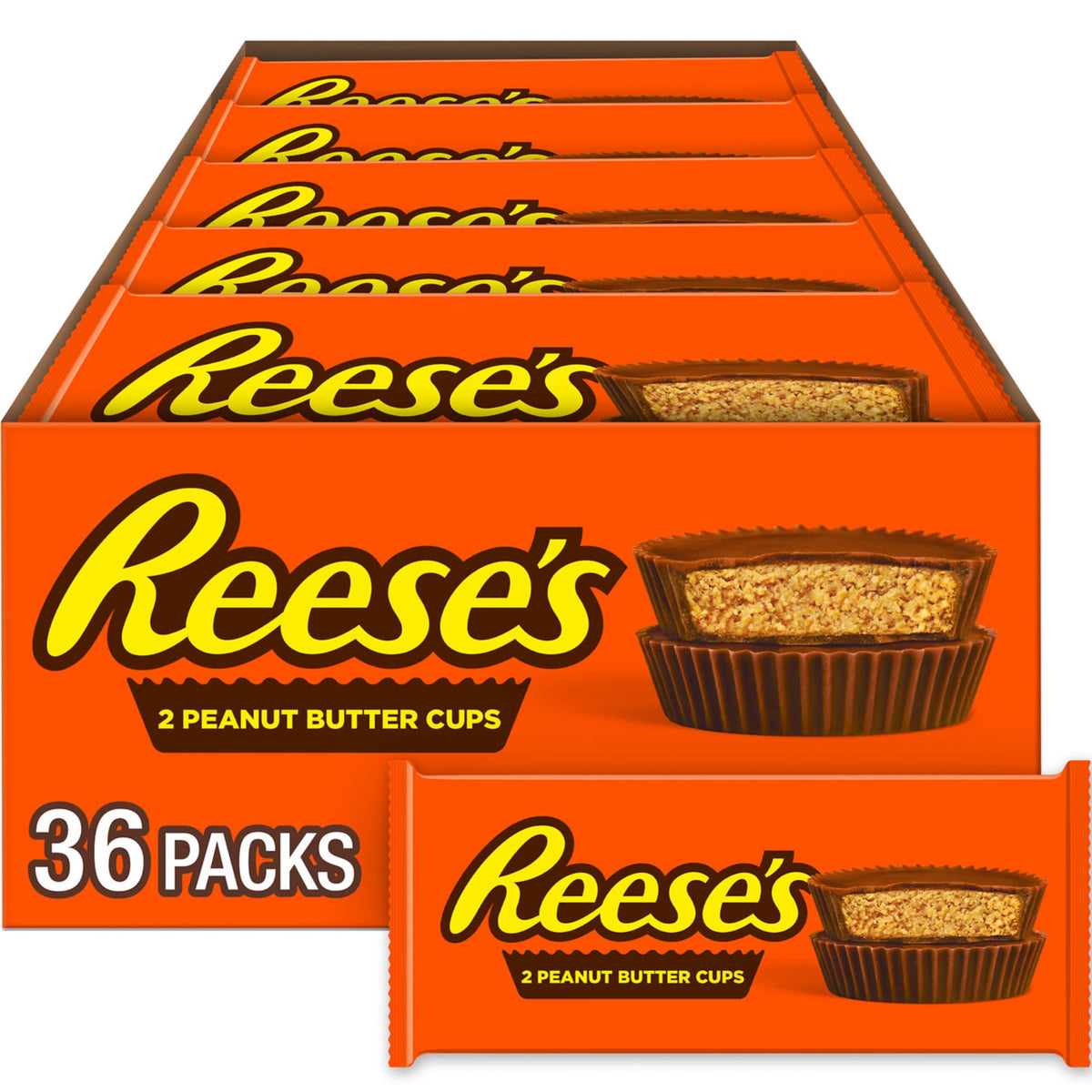 REESE'S milk chocolate peanut butter cups pack front view, inviting snack for any occasion