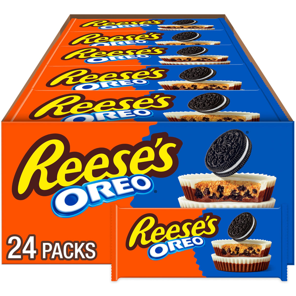 Reese's Oreo milk chocolate and white creme cups bulk box front view for parties