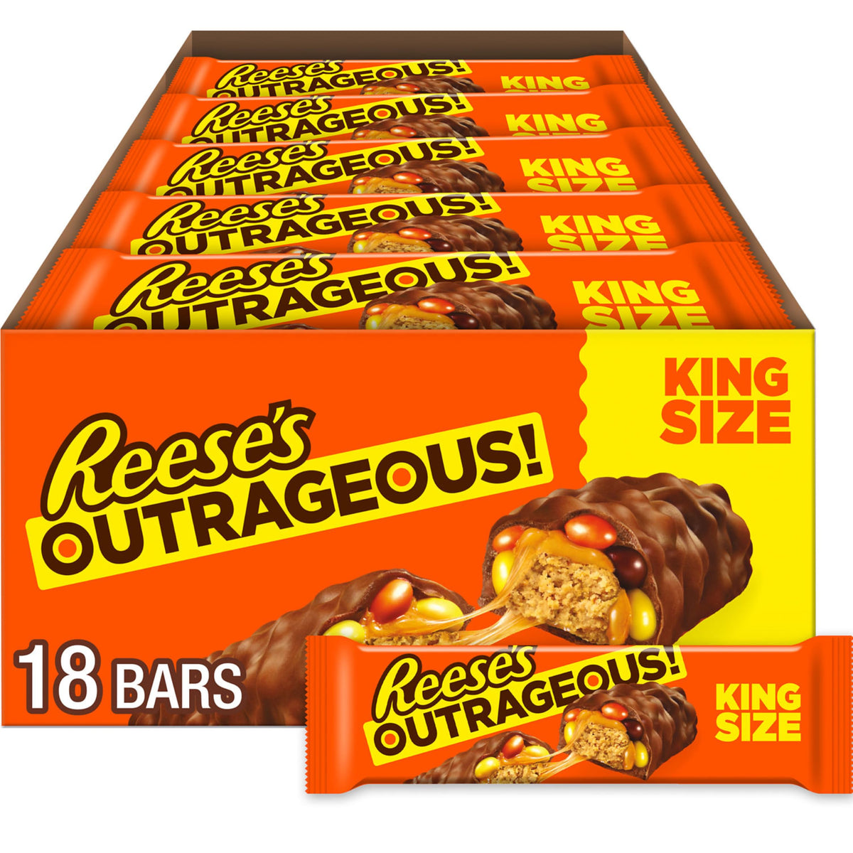 Reese's Outrageous king-size bar with peanut butter, caramel and PIECES candy.