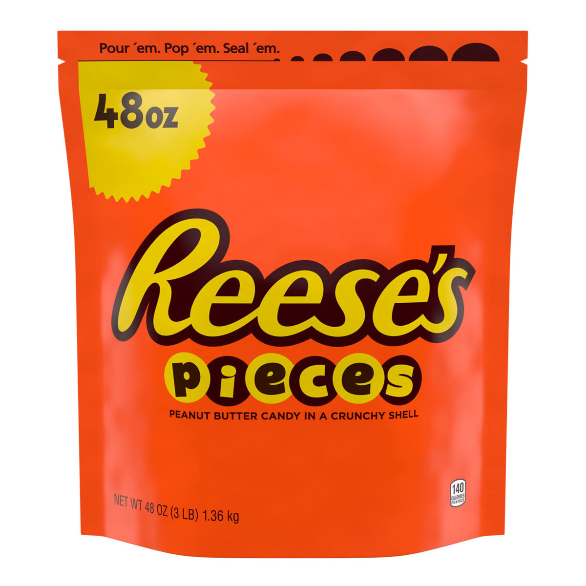 Open bulk bag of Reese's Pieces ready for sharing at parties.