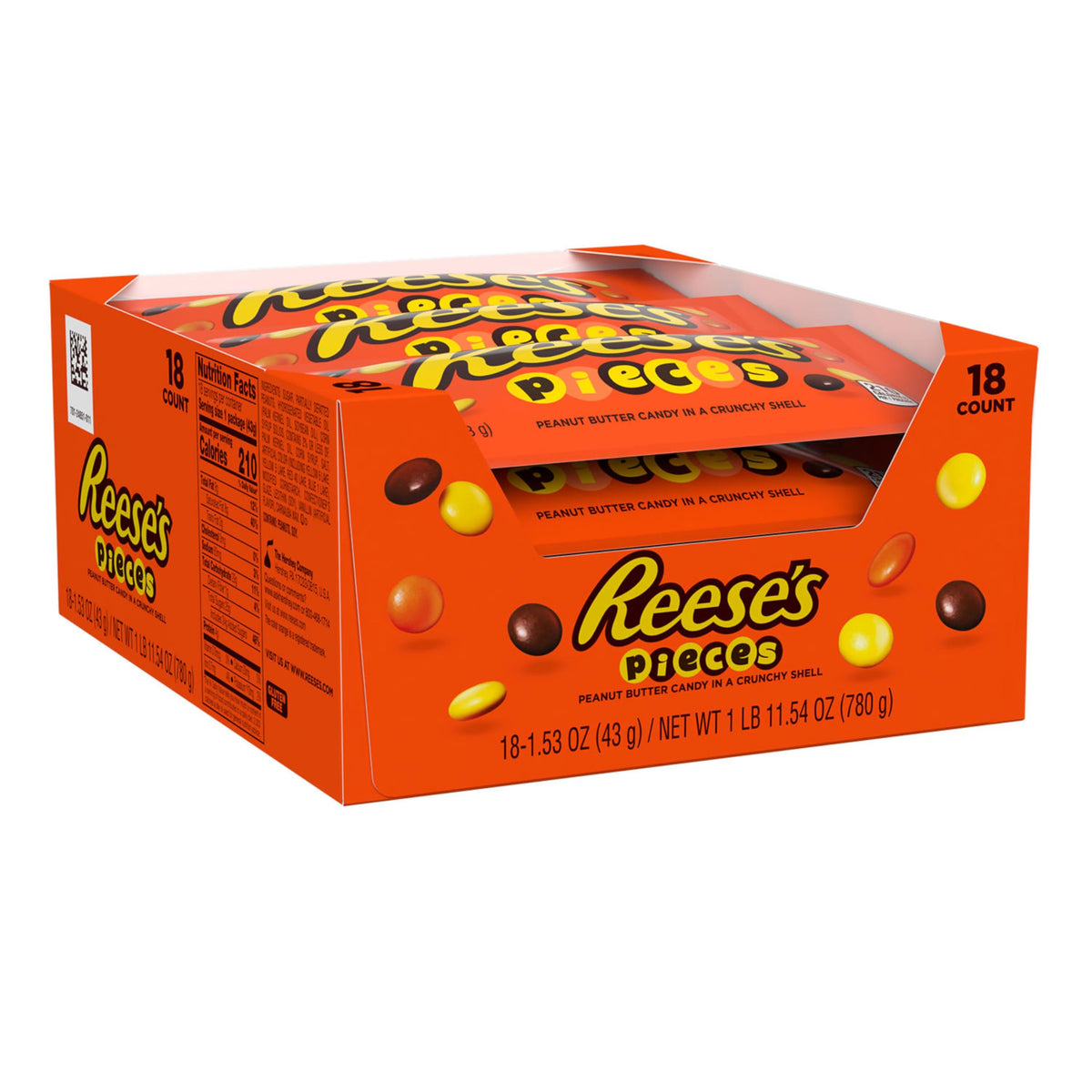 Reese's Pieces closeup shows colorful peanut butter pieces with crunchy shells for movie nights.