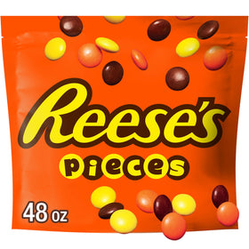 Reese's Pieces bulk bag open, ready for quick movie-night snacking.