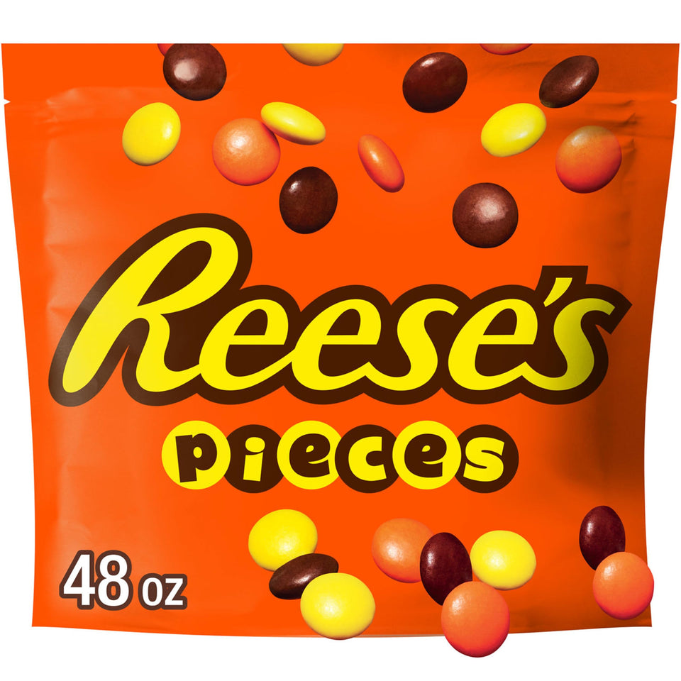 Reese's Pieces bulk bag open, ready for quick movie-night snacking.