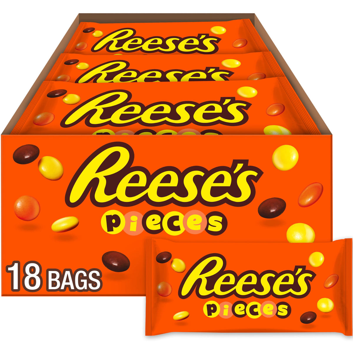 Reese's Pieces peanut butter in a crunchy shell bags, ideal for sharing at parties.