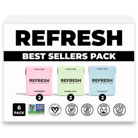 Refresh Gum best-sellers variety pack box showcases plant-based gum and plastic-free packaging.