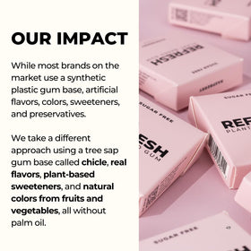 Refresh Gum eco packaging emphasizing plastic-free gum base.