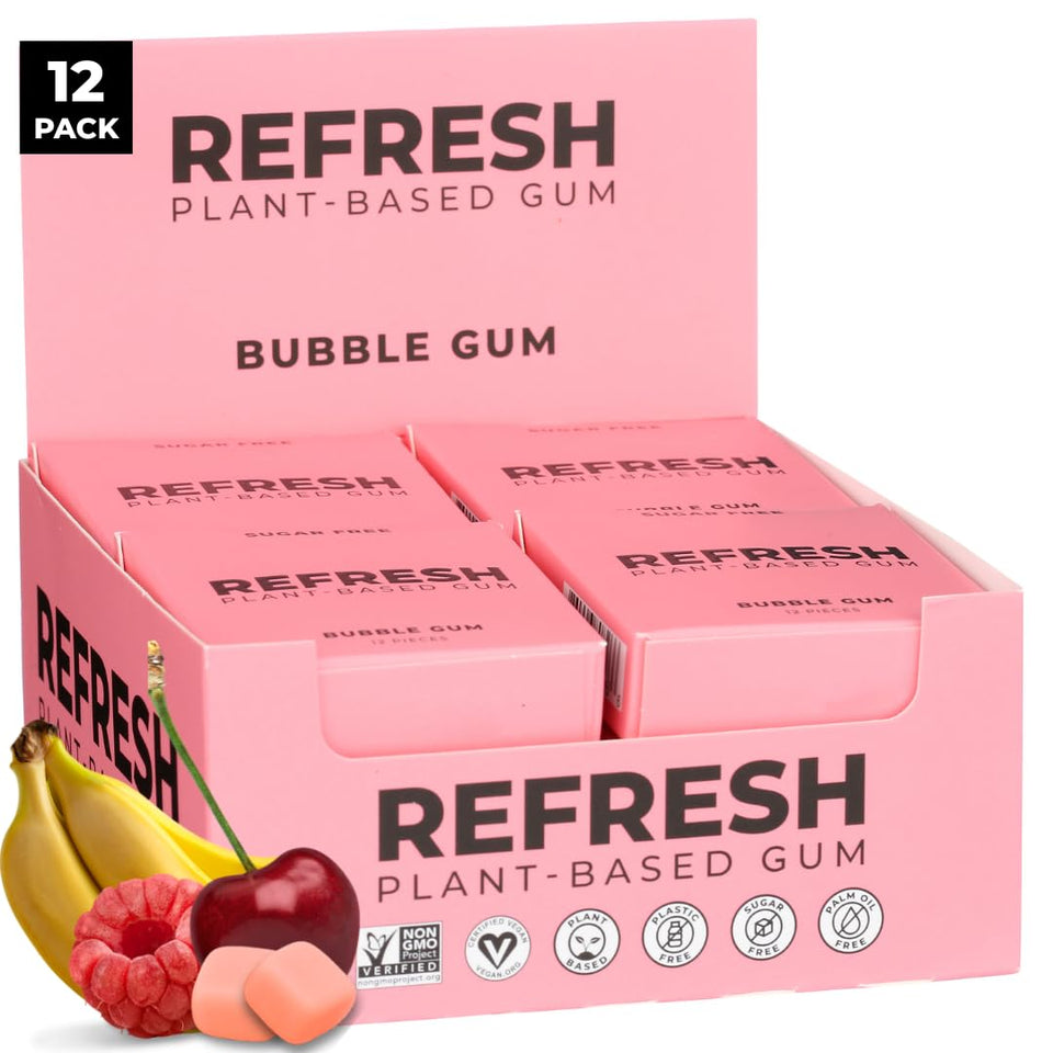 Refresh Gum natural xylitol chewing gum pack highlighting clean, plant-based ingredients.