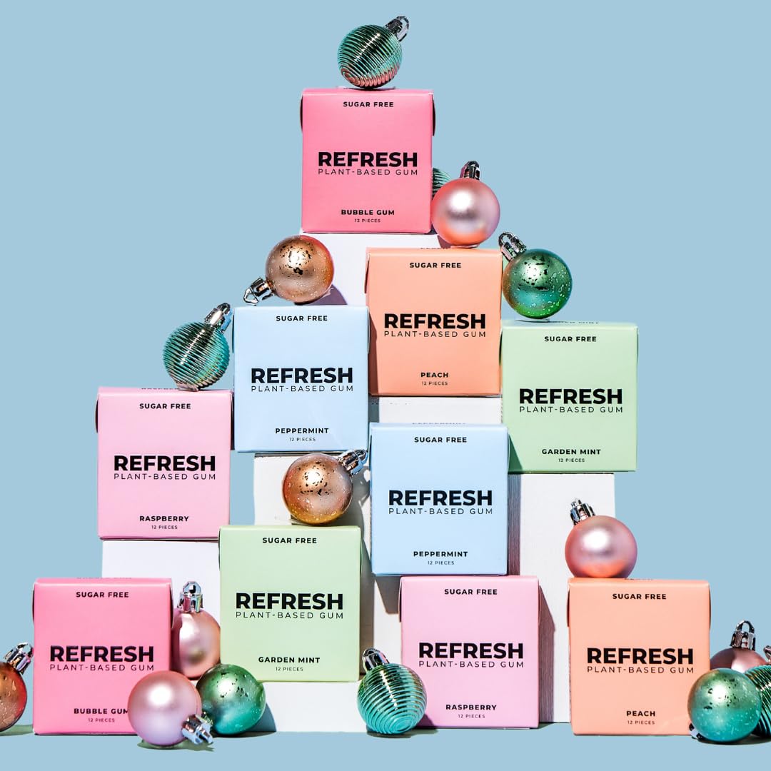 Refresh Gum non-GMO gluten-free and vegan certification icons