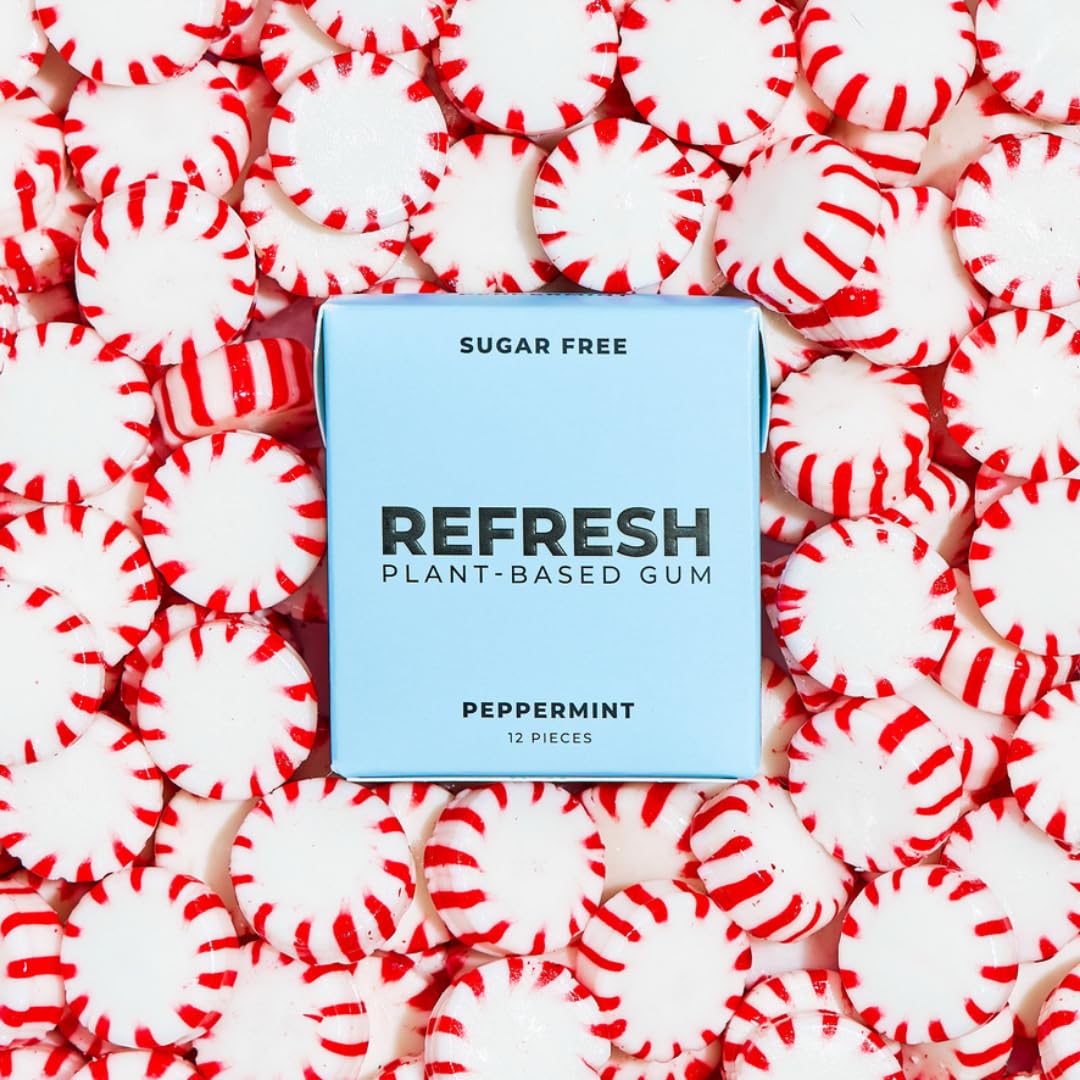 Refresh Gum Organic Powders Mint visual emphasizes mint flavor and natural ingredients.