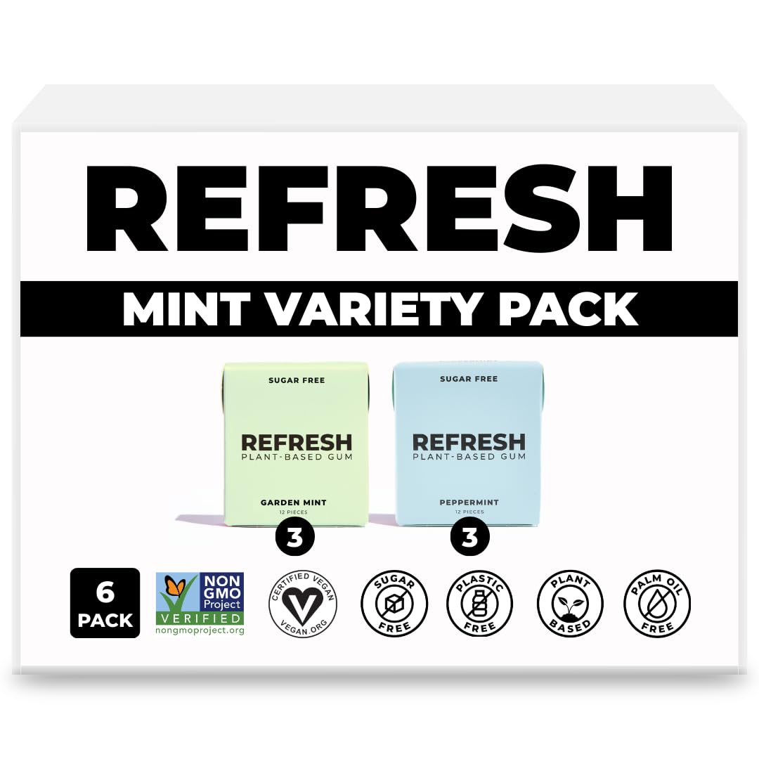 Refresh Gum mint variant packaging shows plant-based gum base and natural flavor.