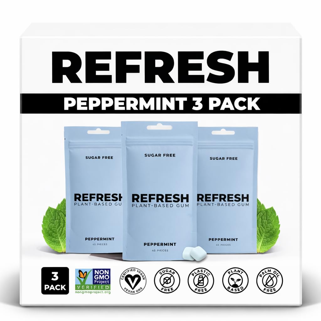 Refresh Gum peppermint packaging with resealable pouch for on-the-go freshness.