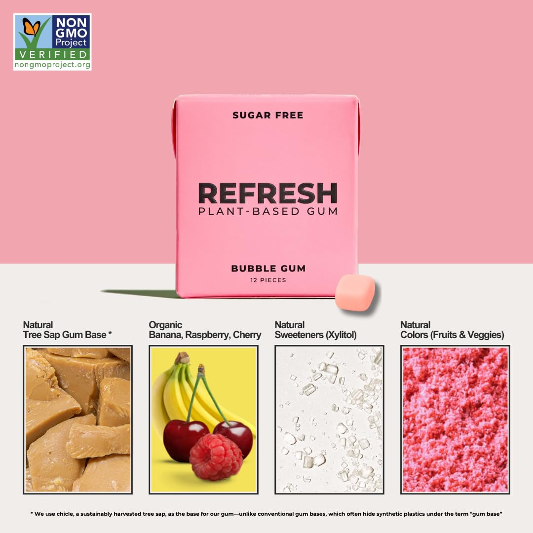 Refresh Gum plant-based gum base close-up emphasizing plastic-free, eco-friendly chewing.