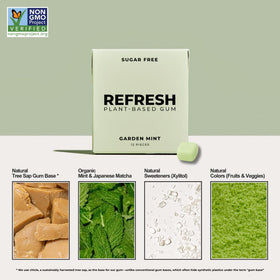 Refresh Gum plant-based gum base close-up emphasizing natural ingredients you can pronounce.