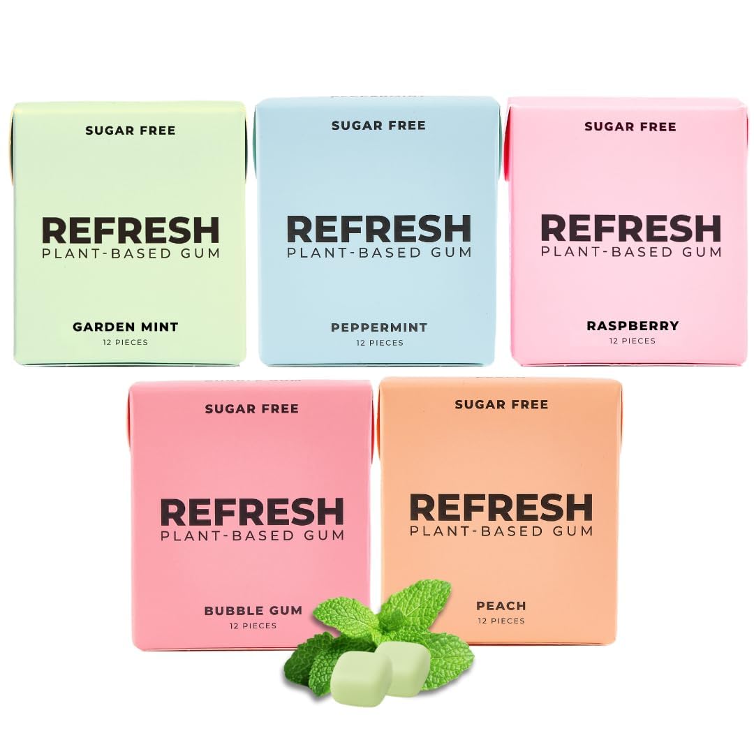 Refresh Gum plastic-free packaging highlights eco-friendly chewing.
