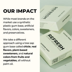 Refresh Gum plastic-free packaging emphasizes eco-conscious daily chewing habit.