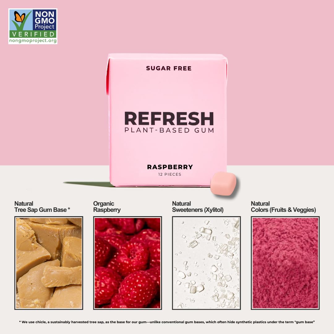 Refresh Gum raspberry flavor close-up showing vibrant fruit notes