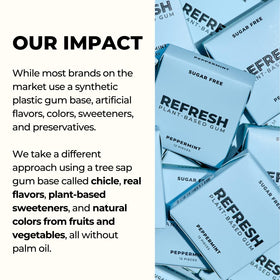 Non-GMO certification label shown with crisp Refresh Gum pieces.