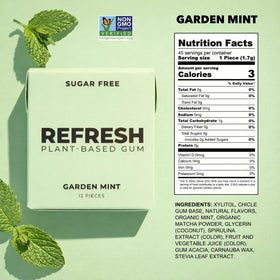 Refresh Gum vegan and gluten-free badge on packaging for dietary-friendly choice.
