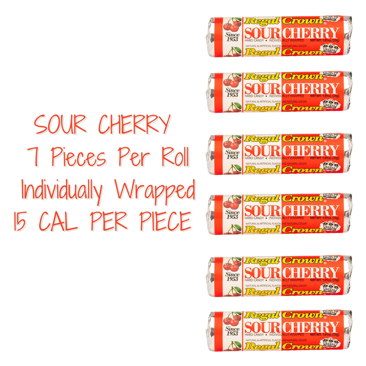 Regal Crown Sour Cherry Candy Rolls closeup; glossy red candies with tart cherry notes for a bold bite.