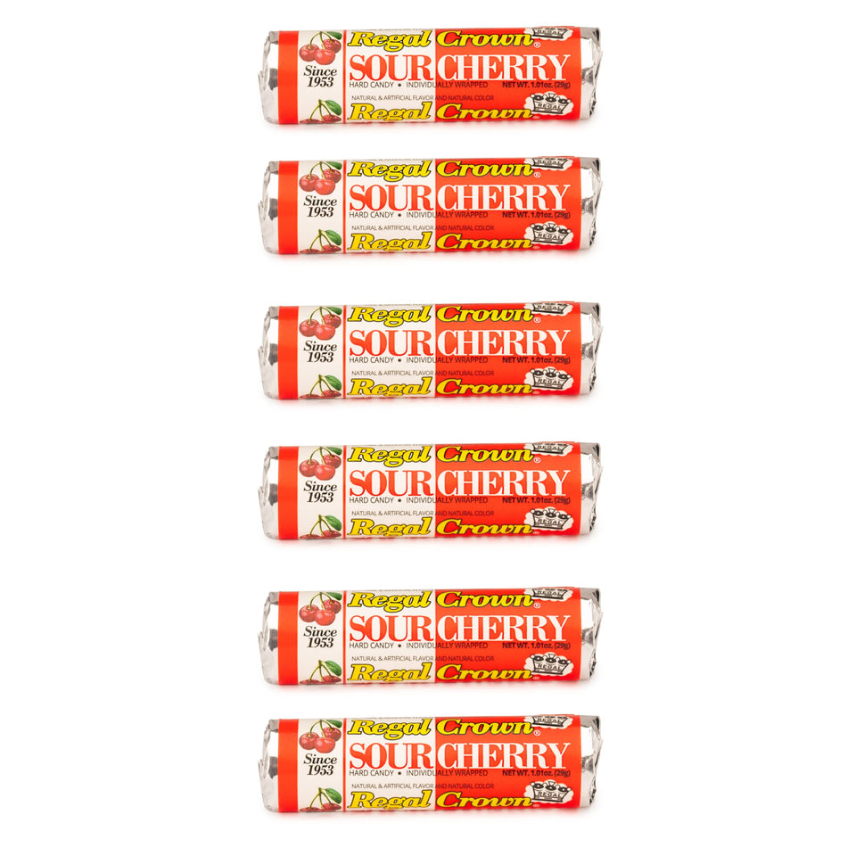 Regal Crown Sour Cherry Candy Rolls package front; tangy cherry snack in a six-roll box for sharing.