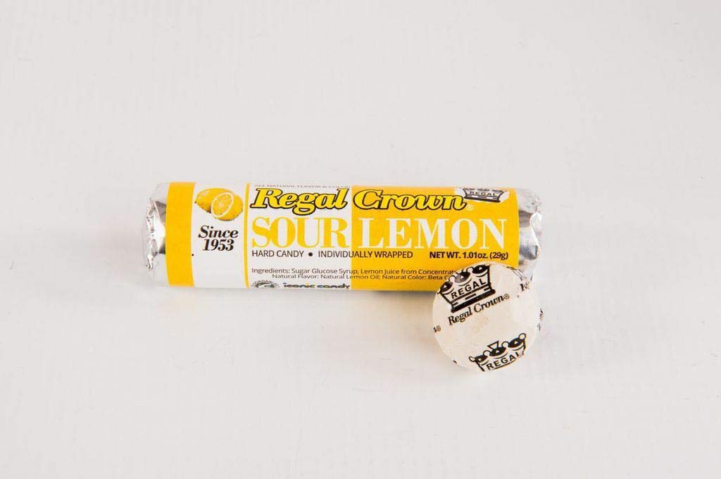 Regal Crown sour lemon hard candy rolls, closeup showing sugar coating and tangy layers.