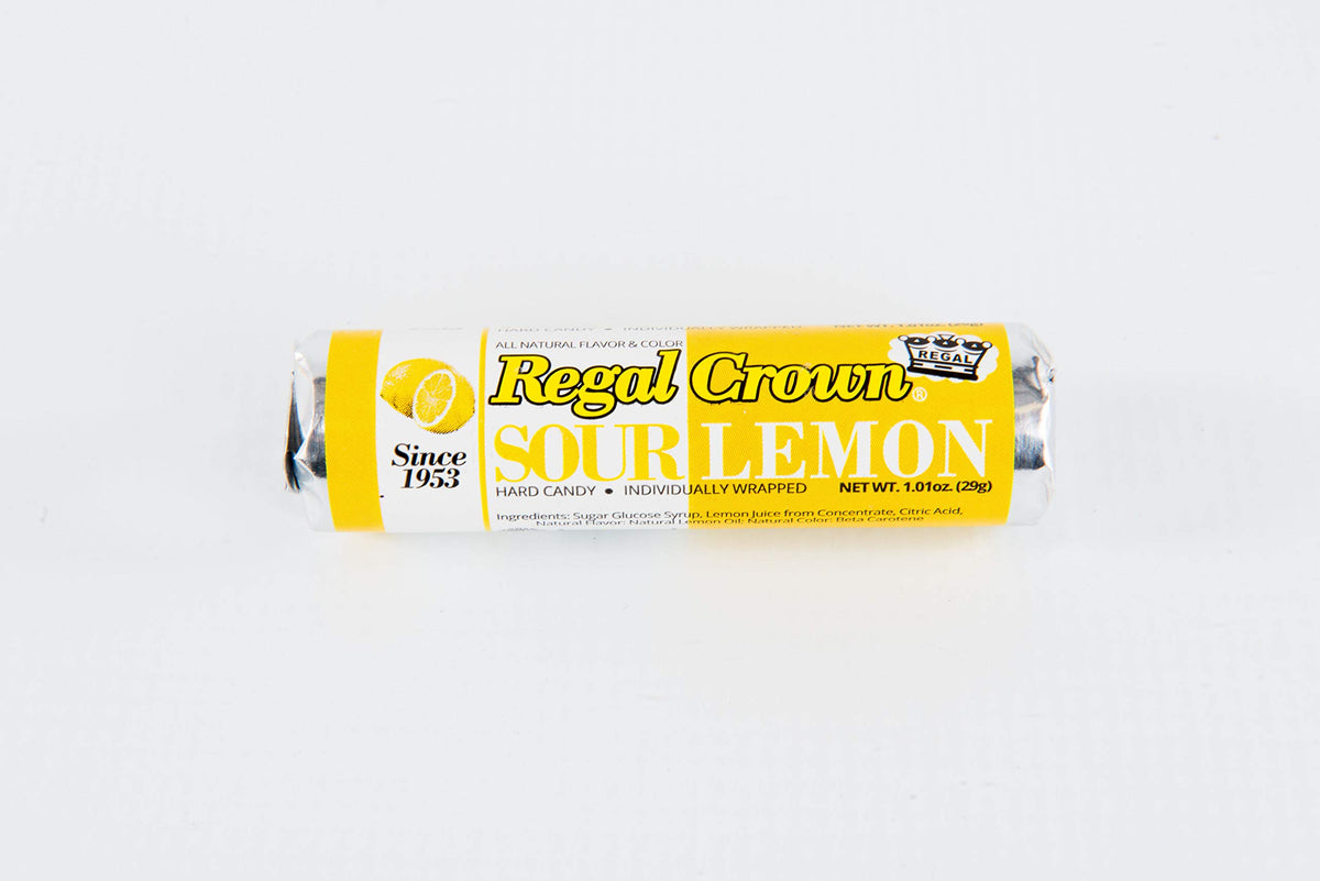 Regal Crown sour lemon hard candy rolls, glossy candies, ideal for a quick lemon flavor burst.
