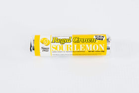 Regal Crown sour lemon hard candy rolls, glossy candies, ideal for a quick lemon flavor burst.