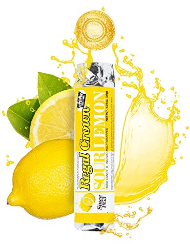 Regal Crown sour lemon hard candy rolls, held in hand, perfect pocket travel treat.