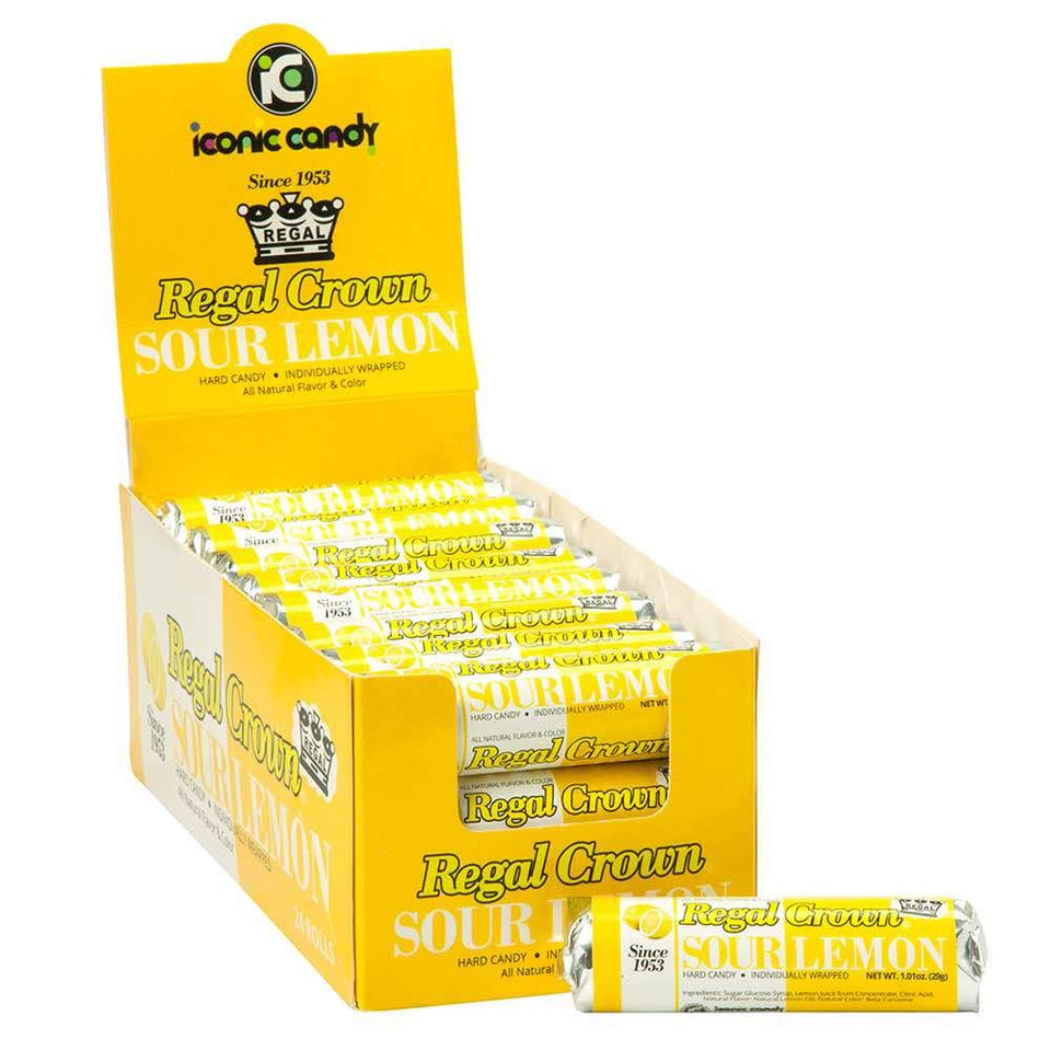 Regal Crown sour lemon hard candy rolls, pack front, tangy afternoon pick-me-up.
