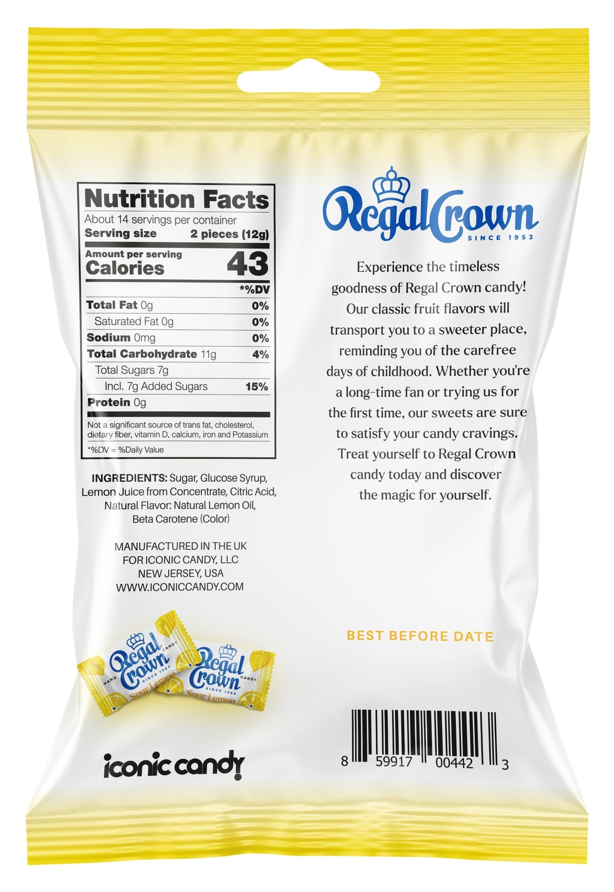 Regal Crown wrappers close-up shows individual wrappers, ideal for on-the-go tangy snacking.