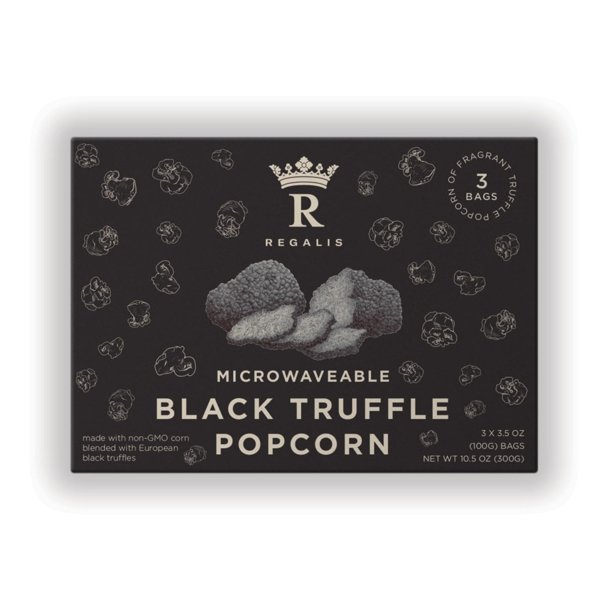 Regalis microwavable black truffle popcorn pack on shelf, premium gifting appeal.