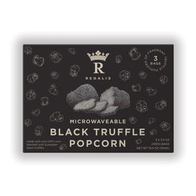 Regalis microwavable black truffle popcorn pack on shelf, premium gifting appeal.