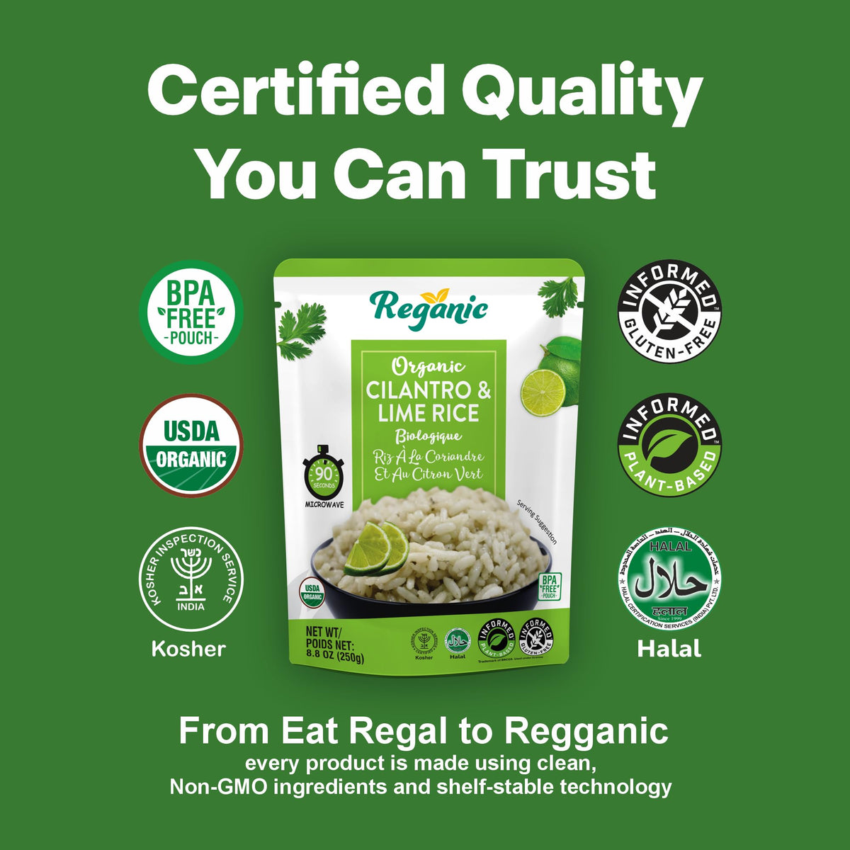 Reganic Cilantro & Lime Rice Pouch microwave-ready timing