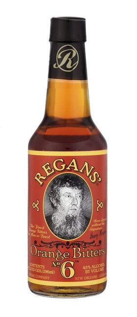 Regan's Orange Bitters No. 6 bottle with orange zest and spices for cocktails.