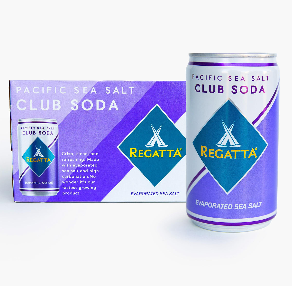 Regatta Pacific Sea Salt Club Soda can, crisp zero-calorie base for refreshing cocktails.