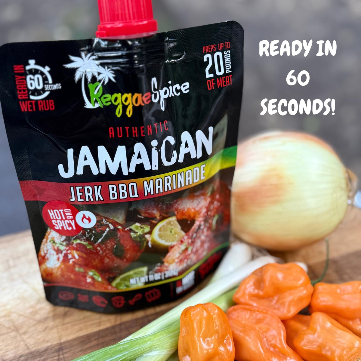 Close-up of Reggae Spice hot and spicy jerk marinade on sizzling meat.