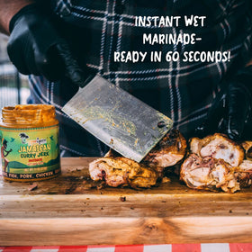 Reggae Spice hot spicy wet rub bottle close-up ready to flavor proteins